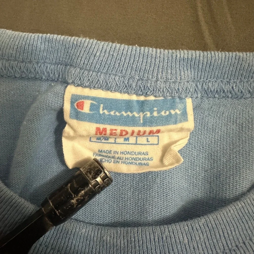 Vintage Champion Big Patch Logo Shirt MENS Medium Powder Blue Tee Vtg Sports‎